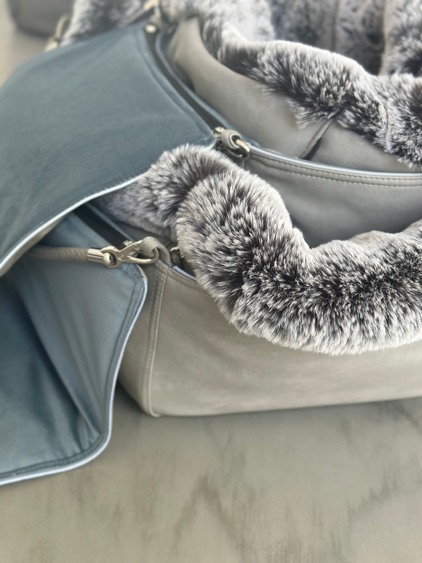 Hundetasche Weekender platingrey-iceblue, salt & pepper Inlay